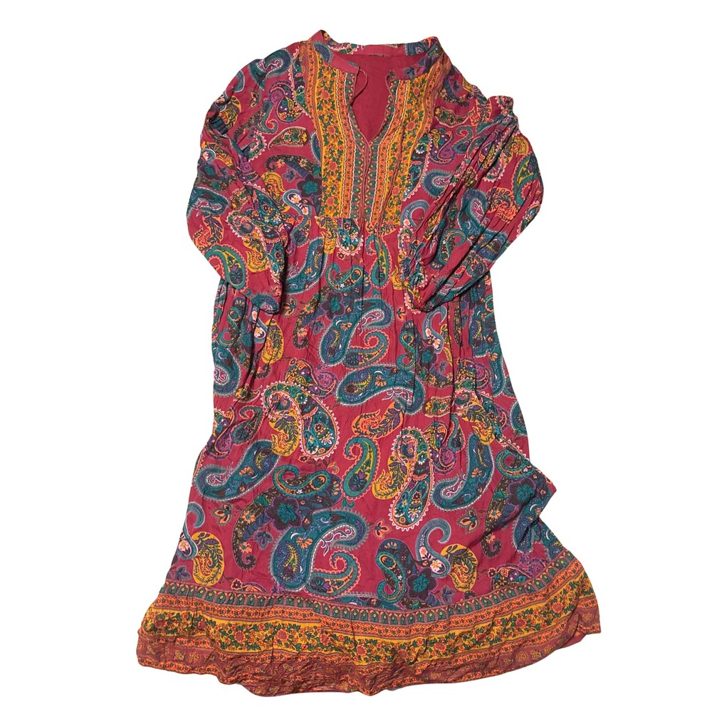 Magenta Cotton Paisley Bohemian Empire Waist Long Sleeve Midi Dress Large